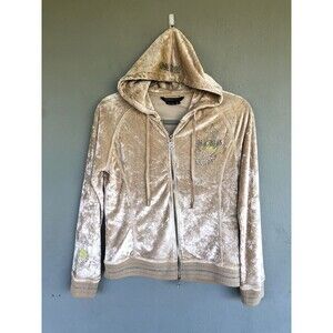 Vintage BCBG Max Azria Velour Hoodie Jacket Women M Gold Rhinestone Flames Y2K